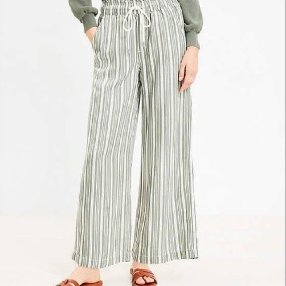 LOFT Emory Wide Leg Pants Green/Off-White Stripe XXSP